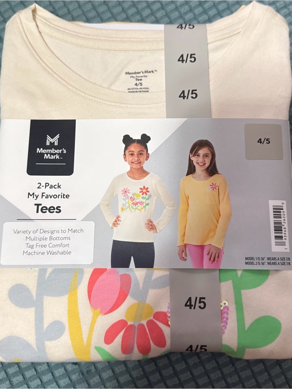 Girls' 2-Pack Floral Graphic & Solid Long-Sleeve Tees Cream & Yellow Sz 4/5 New